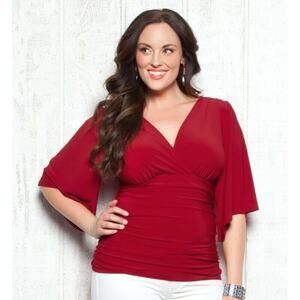 Kiyonna Top Red Keira Kimono Style 2X V Neck + Back Flutter Sleeves Empire Waist